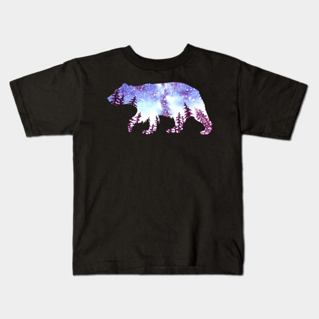 Grizzly Bear Forest Night Sky Kids T-Shirt by Mila46